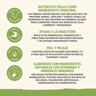 Pollo auténtico como ingrediente principal, favorece la digestión, la piel y el pelaje, contiene ingredientes naturales con vitaminas y minerales añadidos, sin aditivos artificiales. Pollo auténtico como ingrediente principal, favorece la digestión, la piel y el pelaje, contiene ingredientes naturales con vitaminas y minerales añadidos, sin aditivos artificiales.