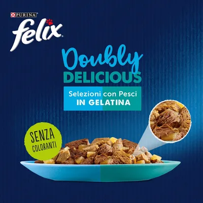 Purina Felix Doubly Delicious Selezioni con Pesci in Gelatina, senza coloranti. Immagine di cibo in gelatina per gatti su piatto azzurro, dettaglio degli ingredienti visibili.