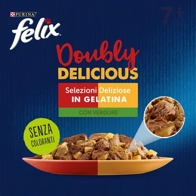 Purina Felix Doubly Delicious Selezioni Deliziose in Gelatina con verdure, senza coloranti. Immagine di bocconcini su piatto colorato e dettaglio dell'aspetto del prodotto.