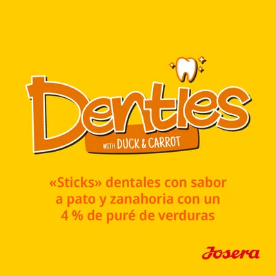 Denties with duck & carrot. «Sticks» dentales con sabor a pato y zanahoria, 4 % de puré de verduras. Josera.