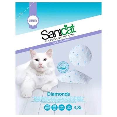 Опаковка на Sanicat Professional Pet Love Silica Gel Litter Diamonds, 3,8L. Видими са силикагелни гранули и икони: Hyper Absorbent, Odour Control, Low Maintenance, Long Lasting.