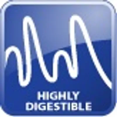 Κείμενο στα αγγλικά: HIGHLY DIGESTIBLE, με κυματοειδή γραμμή πάνω σε μπλε φόντο.