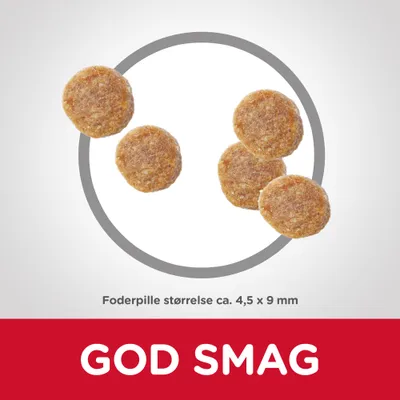Foderpille størrelse ca. 4,5 x 9 mm. Tekst: GOD SMAG