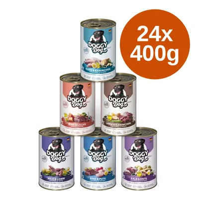 Doggy Dog Adult влажный корм, 24x400 г банки в ассортименте: курица и кролик, говядина и лосось, ягненок и кролик, дичь и ягненок, говядина и индейка, телятина и утка.