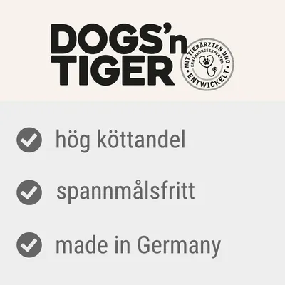 DOGS'n TIGER. hög köttandel, spannmålsfritt, made in Germany. Mit Tierärzten und Ernährungsexperten entwickelt (tysk text).
