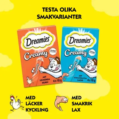 Dreamies Creamy kattgodis, två förpackningar: orange med text 'mit leckerem Huhn' 4×10g och blå med text 'mit schmackhaftem Lachs' 4×10g. Text: Testa olika smakvarianter.