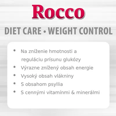 Rocco DIET CARE WEIGHT CONTROL. Na zníženie hmotnosti a reguláciu prísunu glukózy, znížený obsah energie, vysoký obsah vlákniny, psyllium, vitamíny a minerály.