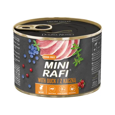 Dolina Noteci Mini Rafi mit Ente, getreidefrei. Komplettes Protein, Vitamine und Mineralien, keine Konservierungsstoffe. Für kleine Hunde geeignet.