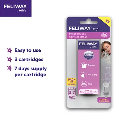 Feliway Help pack with 3 cartridges, each providing a 7 day supply. Helps reduce signs of stress such as scratching, urine spraying and hiding. Easy to use, for temporary stressful situations.