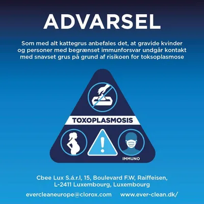Advarselsmeddelelse: Gravide og personer med svækket immunsystem bør undgå kontakt med forurenet kattegrus på grund af risikoen for toxoplasmose. Producent- og kontaktoplysninger nedenfor.