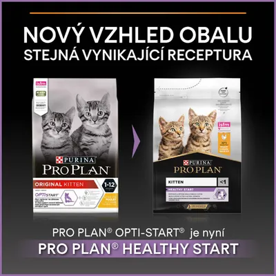 Porovnanie starého a nového balenia Purina Pro Plan pre mačiatka. Text: Nový vzhled obalu, stejná vynikající receptura. PRO PLAN OPTI-START je nyní PRO PLAN HEALTHY START.