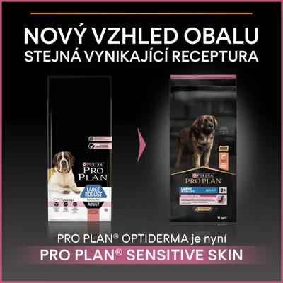 Zmena obalu krmiva Purina Pro Plan Large Robust Adult z Optiderma na Sensitive Skin. Text v češtine: Nový vzhled obalu, stejná vynikající receptura.