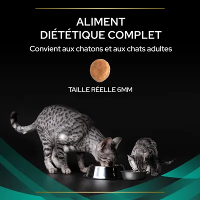 ALIMENT DIÉTÉTIQUE COMPLET. Convient aux chatons et aux chats adultes. Taille réelle 6 mm.