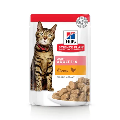 Hill's Science Plan Light Adult 1-6 with Chicken, chunks & gravy. Sobre con imagen de gato y plato de trozos en salsa. Sello: sin conservantes, aromatizantes ni colorantes artificiales. Hill's Science Plan Light Adult 1-6 with Chicken, chunks & gravy. Sobre con imagen de gato y plato de trozos en salsa. Sello: sin conservantes, aromatizantes ni colorantes artificiales.