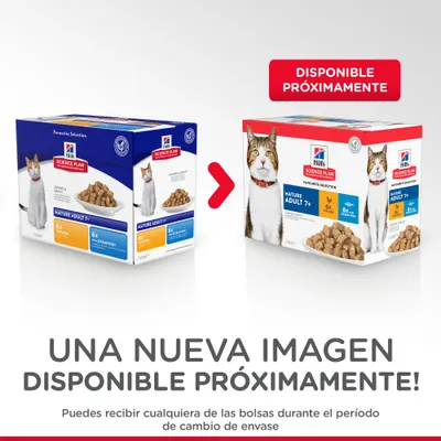 Cambio de envase Hill's Science Plan Mature Adult 7+ para gatos, selección de pollo y pescado. Texto: 'Disponible próximamente'. Puede recibirse cualquiera de los dos envases.