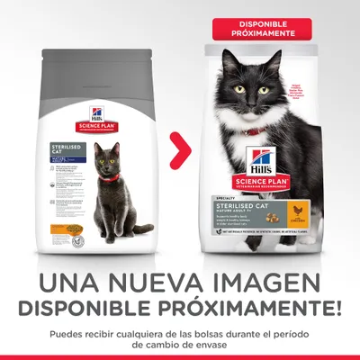 Hill's Science Plan Sterilised Cat Adult y Sterilised Cat Mature Adult 7+ pollo. Aviso: nueva imagen disponible próximamente, puede recibir cualquiera de las bolsas durante el cambio.