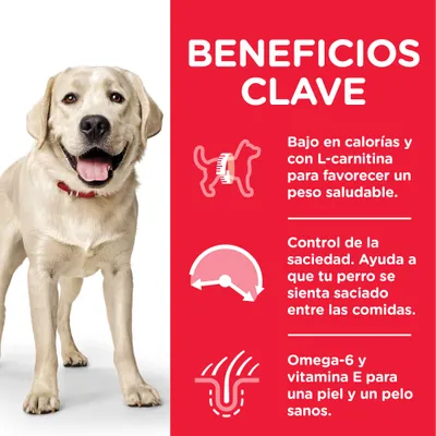 Beneficios clave: bajo en calorías y con L-carnitina para peso saludable, control de la saciedad, omega-6 y vitamina E para piel y pelo sanos. Texto en español.