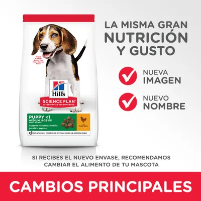 Hill's Science Plan Puppy <1 Medium 11–25 kg Chicken. La misma gran nutrición y gusto. Nueva imagen, nuevo nombre. Cambios principales en el envase recomendados.