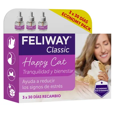 FELIWAY Classic Happy Cat 3 x 30 días recambio. Tranquilidad y bienestar. Ayuda a reducir los signos de estrés. Recomendado por veterinarios. Economy pack.