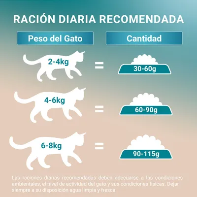 Tabla de ración diaria recomendada para gatos: 2–4 kg, 30–60 g; 4–6 kg, 60–90 g; 6–8 kg, 90–115 g.