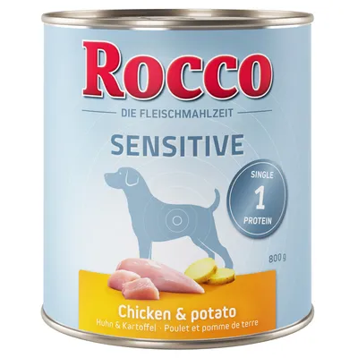 Rocco Sensitive Chicken & potato, Single 1 Protein, 800 g. Immagine di una lattina con pollo e patate visibili sull'etichetta. Testo in inglese, tedesco e francese.