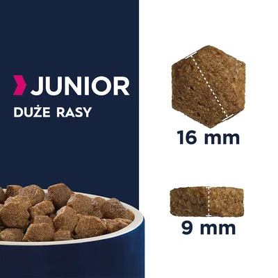 Karma JUNIOR DUŻE RASY, widoczne granulki w misce. Rozmiar pojedynczej granulki: 16 mm średnicy, 9 mm wysokości.