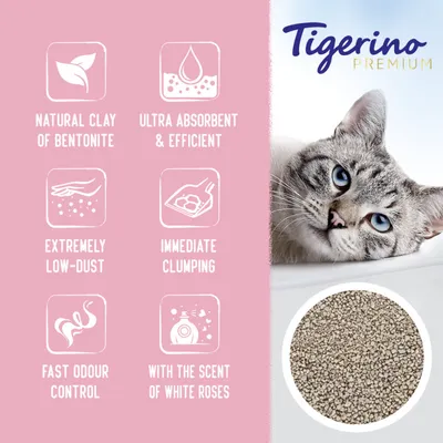 Tigerino Premium. Natural clay of bentonite, ultra absorbent & efficient, extremely low-dust, immediate clumping, fast odour control, with the scent of white roses. Tekst na engleskom.