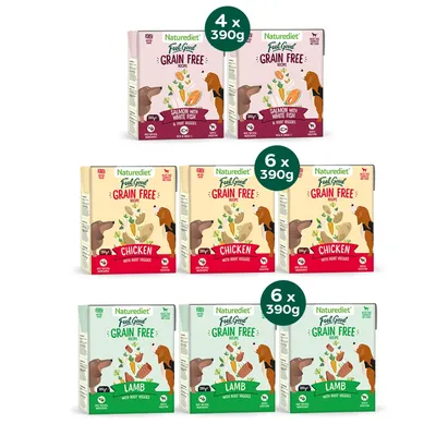 Naturediet Feel Good Grain Free packs: 4 x 390g salmon with white fish and root veggies, 6 x 390g chicken with root veggies, 6 x 390g lamb with root veggies.