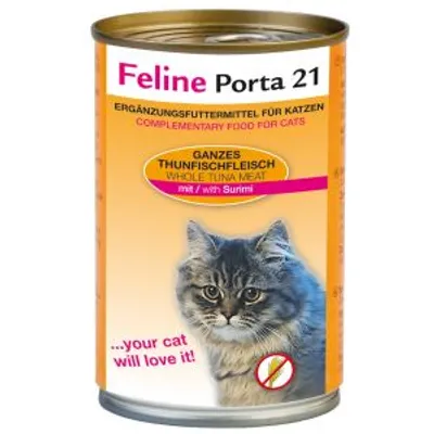 Feline Porta 21, alimento complementare per gatti, carne di tonno intero con surimi. Testo visibile anche in inglese e tedesco. Immagine di un gatto sul fronte della confezione.