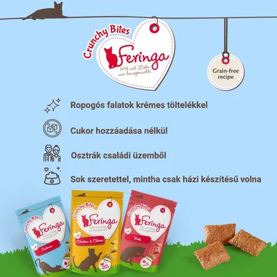 Feringa Crunchy Bites: ropogós falatok krémes töltelékkel, cukor hozzáadása nélkül, osztrák családi üzemből. Három íz: Salmon, Chicken & Cheese, Beef. Grain-free recipe.