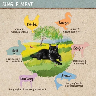 Single Meat: Csirke tökkel és macskamentával, Kacsa túróval és macskagyökérrel, Borjú brokkolival és pitypanggal, Lazac burgonyával és petrezselyemmel, Bárány burgonyával és macskagamandorral, Nyúl pasztinákkal és macskamentával.