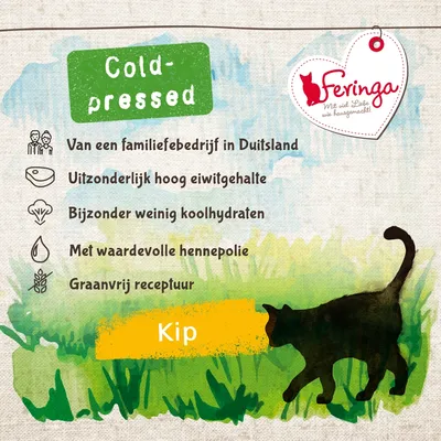 Feringa Cold-pressed, van een familiebedrijf in Duitsland, uitzonderlijk hoog eiwitgehalte, weinig koolhydraten, met hennepolie, graanvrij receptuur, Kip.