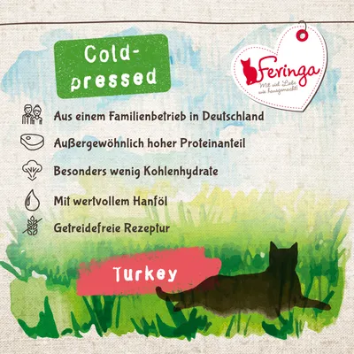 Feringa. Koudgeperst, uit familiebedrijf in Duitsland, hoog eiwitgehalte, weinig koolhydraten, met hennepolie, graanvrij, Turkey receptuur.
