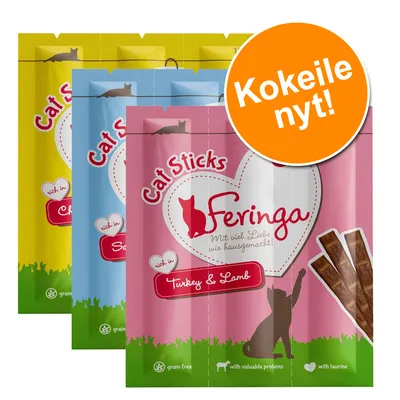 Feringa Cat Sticks -pakkaukset, makuina Turkey & Lamb, Salmon ja Cheese. Oranssi ympyrä tekstillä 'Kokeile nyt!'. Näkyvissä myös grain-free- ja tauriini-symbolit.