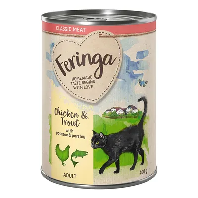 Boîte Feringa Classic Meat 400 g, Chicken & Trout with potato & parsley, pour chat adulte. Illustration de poulet, truite et chat noir sur l’emballage.