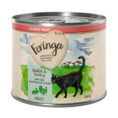 Feringa Classic Meat, Rabbit & Turkey with sea buckthorn & catnip, ADULT, 200 g. Immagine di una lattina con un gatto nero e paesaggio illustrato sull'etichetta.