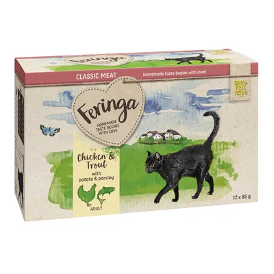 Feringa Classic Meat, Chicken & Trout with potato & parsley, Adult, recette sans céréales, boîte de 12 x 85 g. Texte en anglais sur l’emballage.