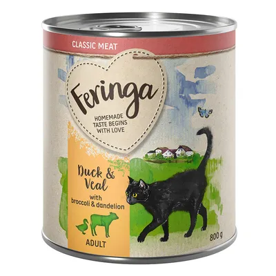Feringa Classic Meat, ankka ja vasikka, parsakaali ja voikukka, aikuisille kissoille, 800 g tölkki.