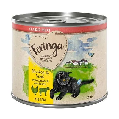 Feringa Classic Meat, boîte 200 g pour chaton, Chicken & Veal with carrots & dandelion, illustration de chat noir et pictogrammes poulet, veau, carotte, pissenlit. Texte en anglais.