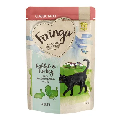 Feringa Classic Meat. Iepure și curcan cu cătină și mentă pentru pisici, rețetă fără cereale pentru pisici adulte, 85g.