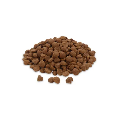 Croquettes brunes en forme de petits disques et cœurs, présentées en tas sur fond blanc. Aucun emballage ou texte visible.