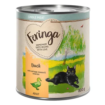Feringa Single Meat Adult, duck with cottage cheese and valerian, 800 g. Tin with black cat pictured on grass.