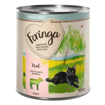 Feringa Single Meat Adult cat food, veal flavour with broccoli and dandelion, 800 g can. Illustration of a black cat on grass.