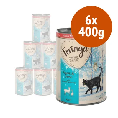 Feringa Game & Goose with parsnips & rose hips, ADULT, confezione 6x400g di cibo umido per gatti, testo in inglese sulla lattina visibile.
