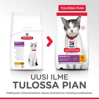 Hill's Science Plan Senior 11+ -kissanruoan pakkausmuutos, kaksi erilaista pakkausta vierekkäin. Teksti: Uusi ilme tulossa pian. Pakkausten siirtymävaiheessa toimitamme molempia pakkauksia.