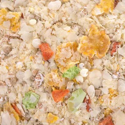 Zbliżenie na suszone płatki, kawałki warzyw i owoców w różnych kolorach: pomarańczowym, zielonym i białym.