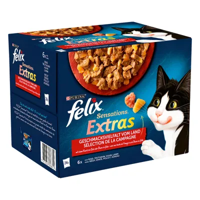 Boîte de sachets Felix Sensations Extras Sélection de la campagne, 24x85g, avec bœuf, dinde, poulet, agneau. Image d’un chat et d’une assiette de nourriture visible sur l’emballage.