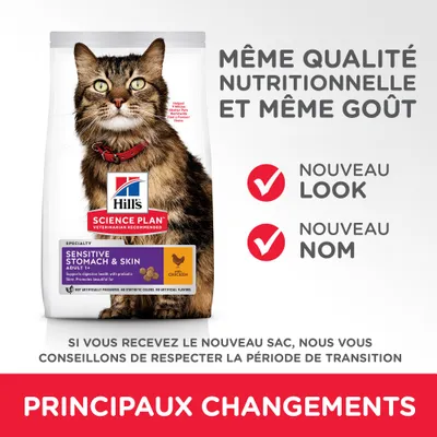 Hill's Science Plan Sensitive Stomach & Skin Adult 1+ au poulet. Même qualité nutritionnelle et goût, nouveau look, nouveau nom. Principaux changements. Respecter la période de transition.
