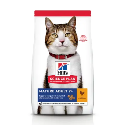 Hill's Science Plan Mature Adult 7+ with Chicken, croquettes pour chats âgés, texte en anglais sur l’énergie, l’immunité et la santé des organes vitaux. Sans conservateurs ni colorants artificiels.