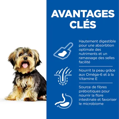 Avantages clés : hautement digestible, nourrit la peau avec Oméga-6 et Vitamine E, source de fibres prébiotiques pour la flore intestinale et le microbiome. Texte en français.